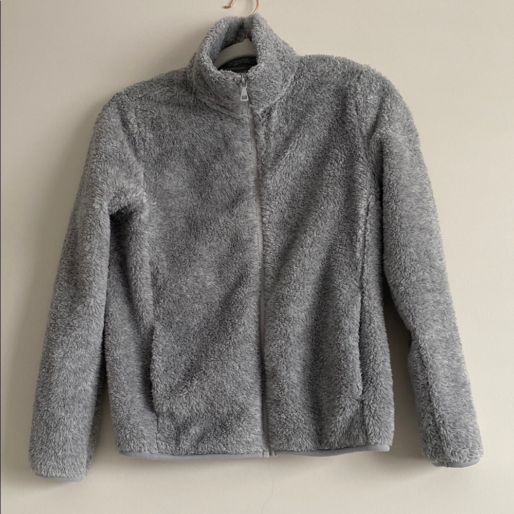 Light Gray Teddy Jacket with Plush Texture and Stand-Up Collar